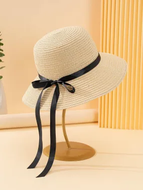 1pc Women Bow Decor Adjustable Boho Straw Hat For Summer