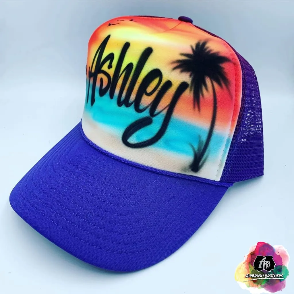 Airbrush Beach with Red Sunset Hat Design