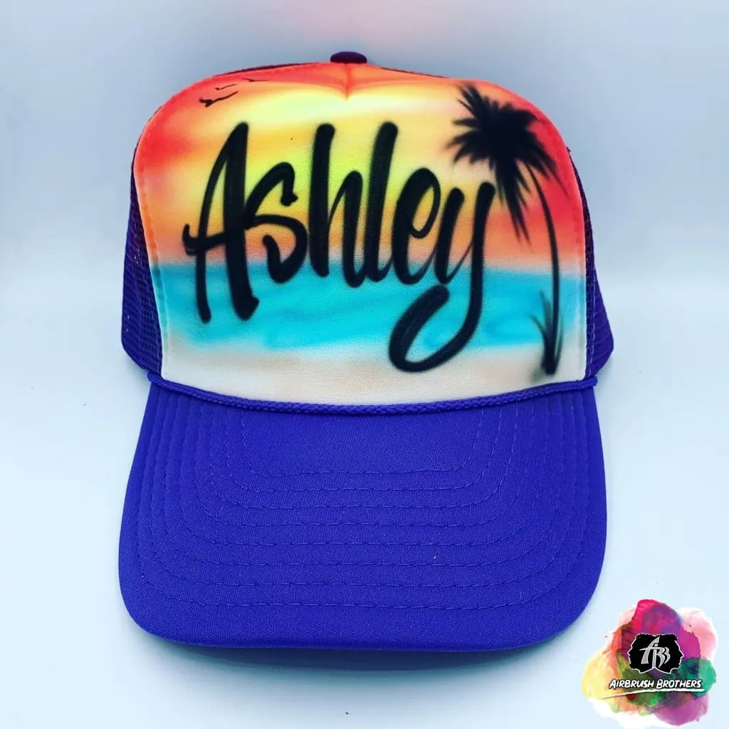 Airbrush Beach with Red Sunset Hat Design