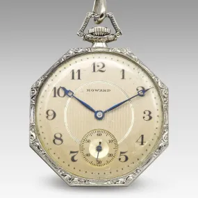 Antique 1920's 14K White Gold Howard Pocket Watch With 14K Gold Chain Original Box And Papers