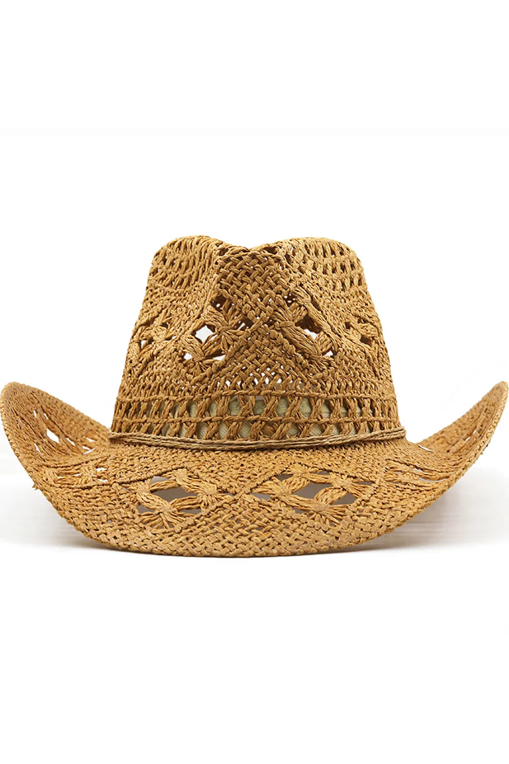 Apricot Knitting Western Cowboy Hat Straw Hat Hollow Out Sunhat