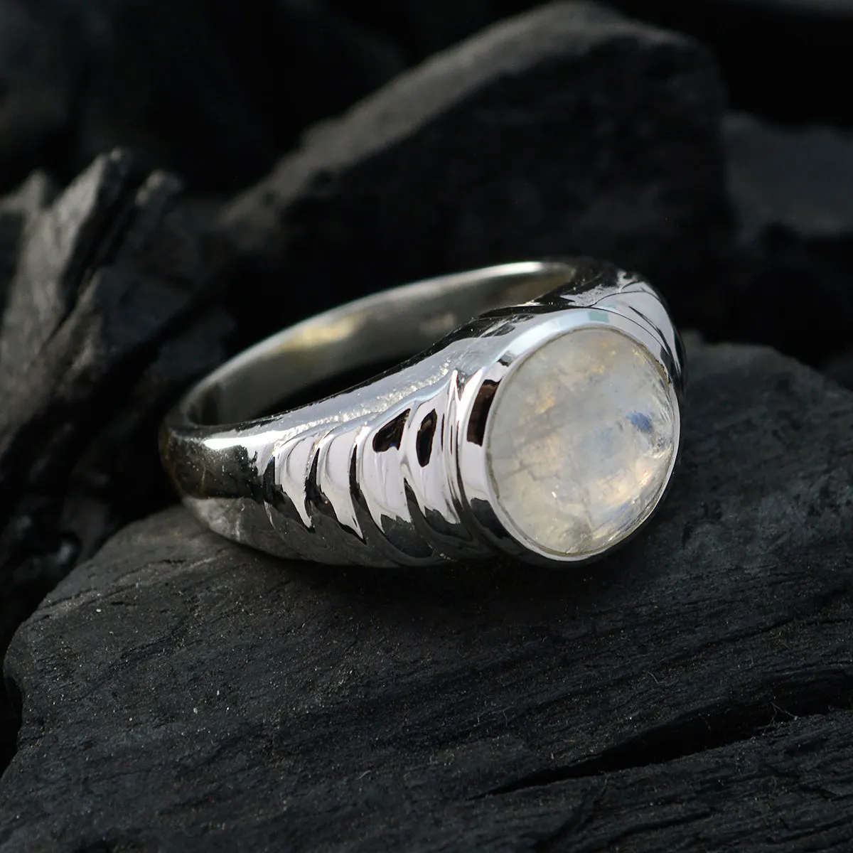 Attractive Gem Rainbow Moonstone 925 Silver Ring Grandfather Gift