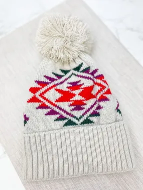 Aztec Pom Pom Beanie - Cream