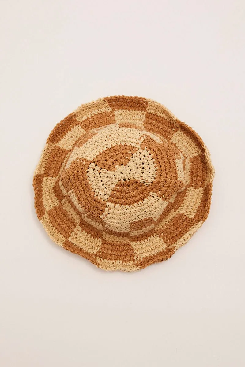 Beige Check Straw Bucket Hat