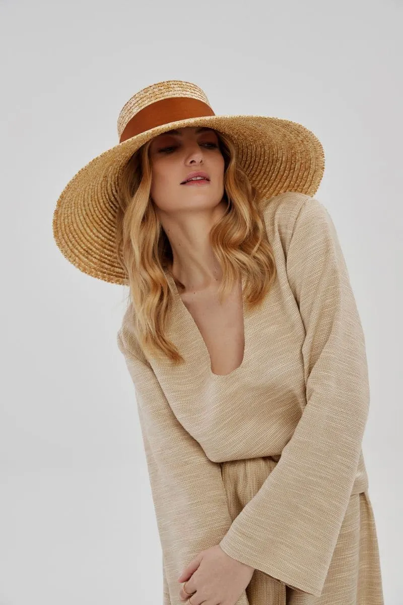 BEIGE VEIL STRAW WIDE HAT