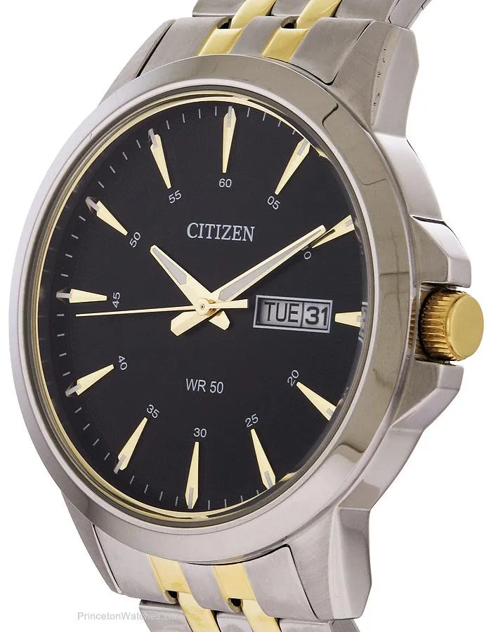 Citizen Quartz Mens Day/Date Watch - Black Dial - Two-Tone Case and Bracelet