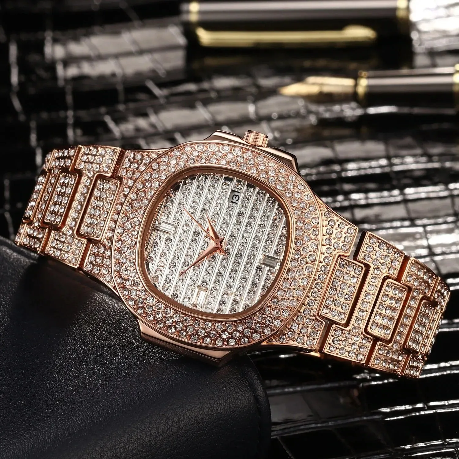 Iced Nautilus Watch in Rose Gold