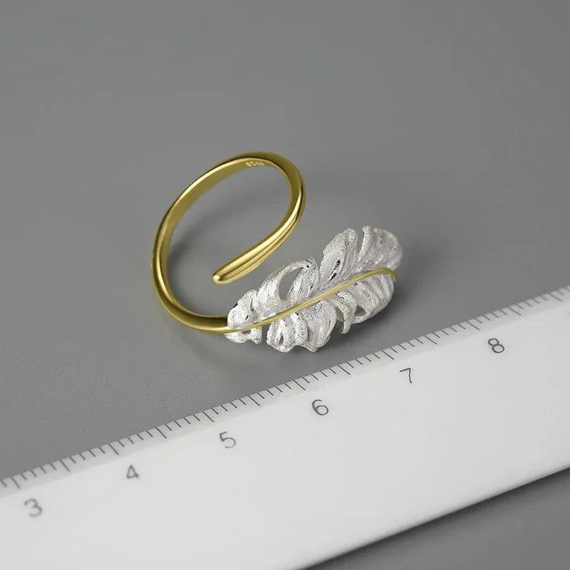 LFJD0160 Long Goose Feather Rings Charm Jewelry - 925 Sterling Silver