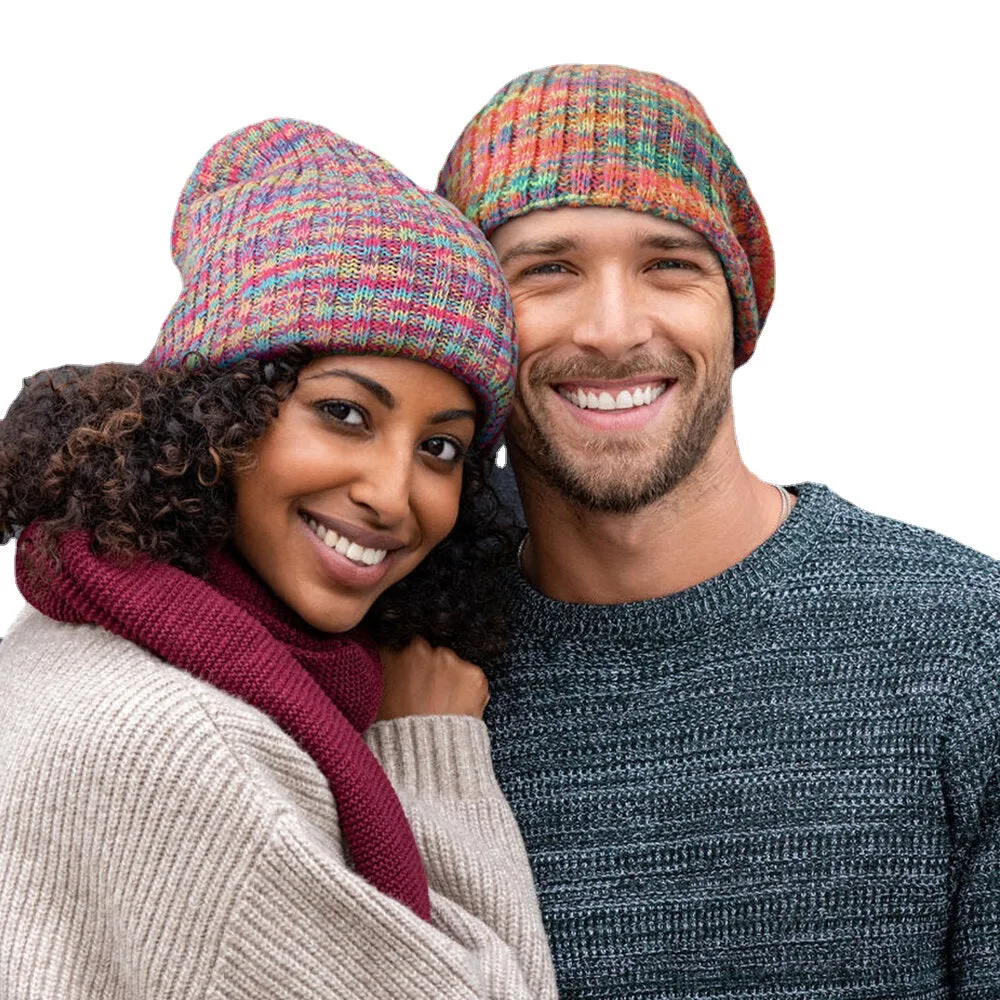 Unisex Woolen Mixed Rainbow Color Stripes Pattern Plus Velvet Thick Warm Couple Hat Beanie Knitted Hat