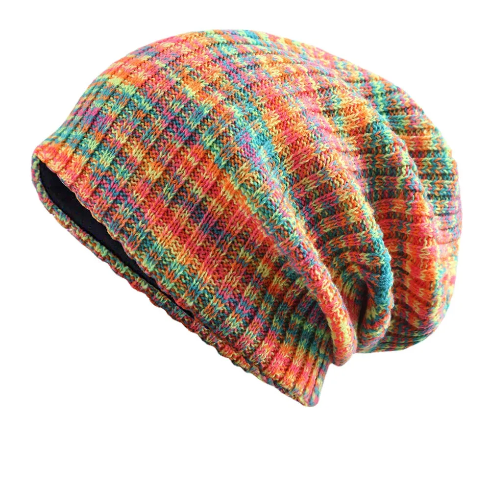 Unisex Woolen Mixed Rainbow Color Stripes Pattern Plus Velvet Thick Warm Couple Hat Beanie Knitted Hat