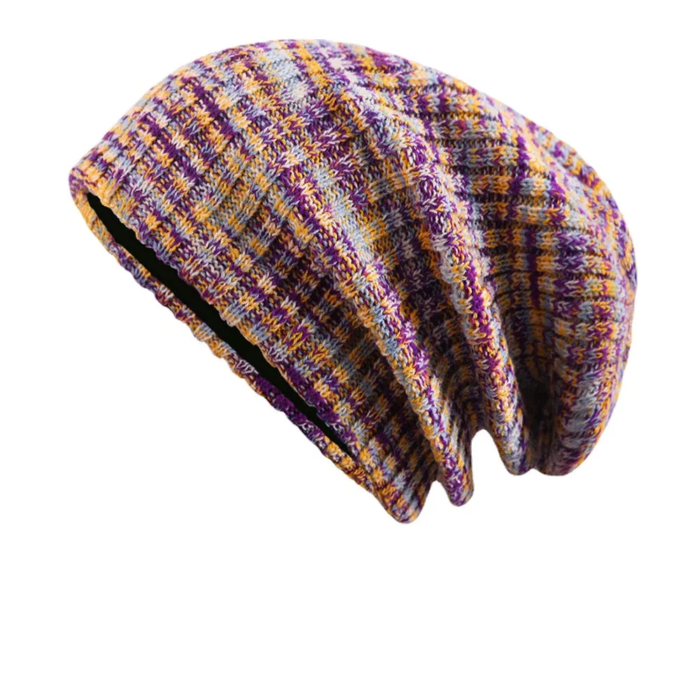 Unisex Woolen Mixed Rainbow Color Stripes Pattern Plus Velvet Thick Warm Couple Hat Beanie Knitted Hat