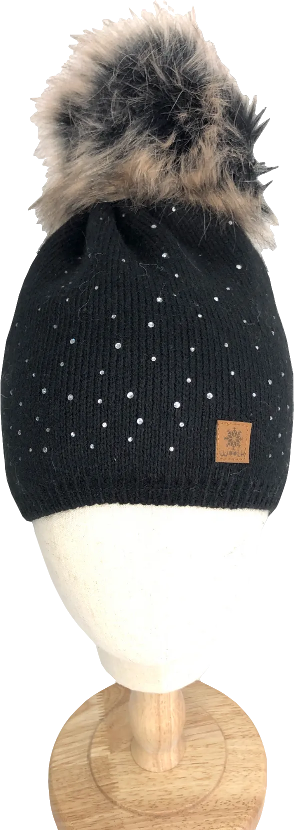 Woolk Black Winter Fleece Lined Embellished Pompom Hat One Size